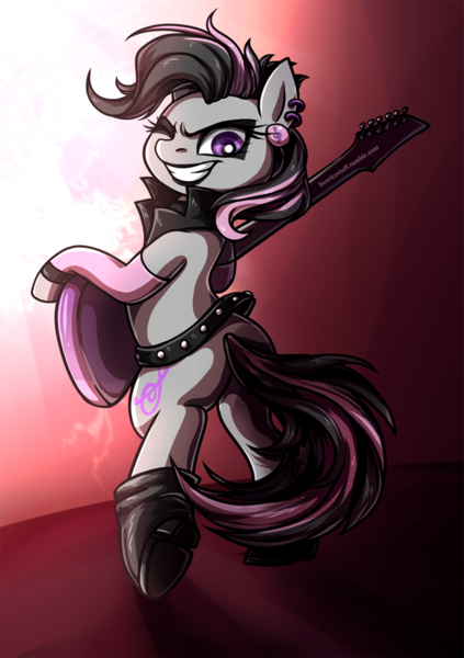 Size: 740x1050 | Tagged: safe, artist:licora, derpibooru import, octavia melody, pony, bipedal, earring, electric guitar, grin, guitar, piercing, rocktavia, solo, wink