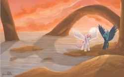 Size: 900x557 | Tagged: artist:glacialfalls, derpibooru import, pink mane, pink-mane celestia, princess celestia, princess luna, rock, s1 luna, safe, scenery, spread wings, sunset, water