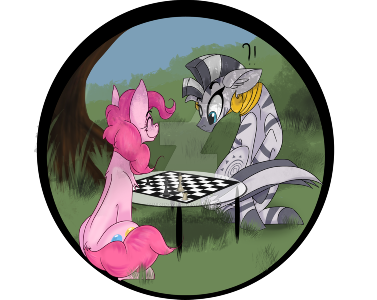 Size: 1024x817 | Tagged: artist:mirunacipsi, checkmate, chess, dead source, derpibooru import, deviantart watermark, obtrusive watermark, pinkie pie, safe, watermark, zebra, zecora