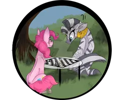 Size: 1024x817 | Tagged: artist:mirunacipsi, checkmate, chess, dead source, derpibooru import, deviantart watermark, obtrusive watermark, pinkie pie, safe, watermark, zebra, zecora