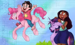 Size: 1024x617 | Tagged: safe, artist:mirunacipsi, derpibooru import, pinkie pie, twilight sparkle, binary, blushing, connie maheswaran, crossover, cute, floppy ears, fluffy, gritted teeth, hair, hair pulling, humans riding ponies, jumping, open mouth, smiling, steven quartz universe, steven universe, wide eyes, wingding eyes, wink