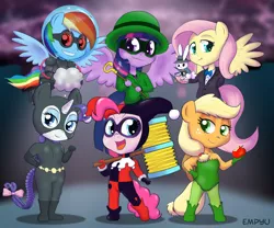 Size: 1500x1250 | Tagged: angel bunny, anthro, applejack, artist:empyu, batman, batman villains, braid, braided tail, catwoman, chibi, crossover, dc comics, derpibooru import, fluttershy, harley quinn, mane six, mr. freeze, pinkie pie, plantigrade anthro, poison ivy, rainbow dash, rarity, safe, scarface, the riddler, the ventriloquist, twilight sparkle, twilight sparkle (alicorn)