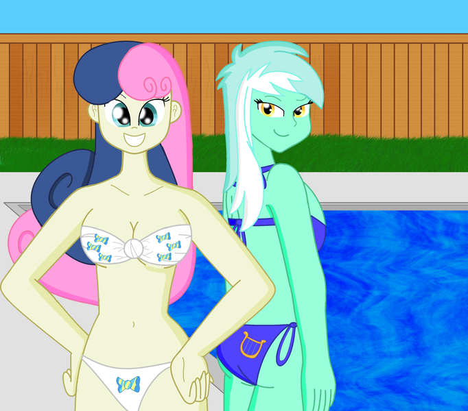 Size: 3998x3519 | Tagged: suggestive, artist:cyber-murph, derpibooru import, bon bon, lyra heartstrings, sweetie drops, equestria girls, bedroom eyes, belly button, bikini, breasts, busty bon bon, busty lyra heartstrings, cleavage, clothes, duo, female, looking at you, midriff, poolside, smiling, swimming pool, swimsuit