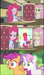 Size: 605x1024 | Tagged: safe, derpibooru import, big macintosh, cherry berry, fluttershy, pinkie pie, scootaloo, sweetie belle, brotherhooves social, equestria girls, friendship games, discovery family logo, exploitable meme, inside the cake meme, meme, orchard blossom