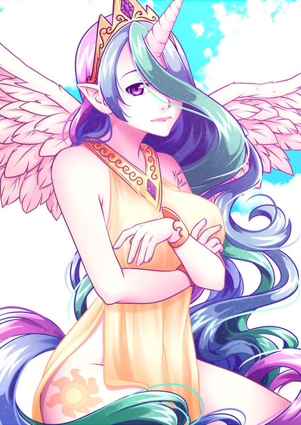 Size: 600x848 | Tagged: arm under breasts, artist:kirael-art, beautiful, bottomless, bracelet, braless, breasts, busty princess celestia, clothes, cloud, crossed arms, derpibooru import, dress, elf ears, erect nipples, female, hair over one eye, horned humanization, human, humanized, jewelry, looking at you, nipple outline, no panties, pony coloring, princess celestia, safe, side slit, sky, sky background, solo, spread wings, tailed humanization, thighs, tiara, wide hips, winged humanization