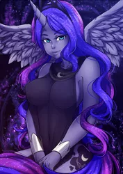 Size: 600x848 | Tagged: artist:kirael-art, beautiful, belly button, bottomless, bracelet, braless, breasts, busty princess luna, clothes, derpibooru import, female, galaxy, galaxy background, horned humanization, human, humanized, jewelry, nipples, no panties, nudity, pony coloring, princess luna, safe, see-through, side slit, skirt, skirt pull, solo, spread wings, stupid sexy princess luna, tailed humanization, winged humanization