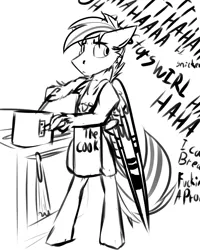 Size: 1500x1876 | Tagged: source needed, safe, artist:ralek, derpibooru import, oc, oc:silver lining, unofficial characters only, hippogriff, apron, clothes, cooking, laughing, monochrome, rough sketch, text, vulgar