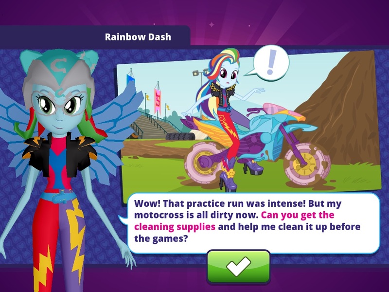 Size: 1024x768 | Tagged: safe, derpibooru import, rainbow dash, equestria girls, friendship games, alternate hairstyle, app, dirty, equestria girls app, high heels, motorcross, motorcross outfit, motorcycle