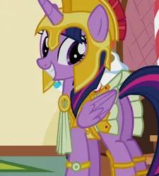 Size: 970x1078 | Tagged: safe, derpibooru import, screencap, twilight sparkle, twilight sparkle (alicorn), alicorn, pony, scare master, adorkable, armor, armor skirt, athena, athena sparkle, clothes, costume, cropped, cute, excited, female, folded wings, grin, mare, nightmare night, plot, skirt, skirt lift, smiling, solo, tail upskirt, technically an upskirt shot, twibutt, upskirt, wings