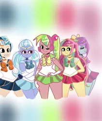Size: 760x901 | Tagged: safe, artist:pandanx12, derpibooru import, indigo zap, lemon zest, sour sweet, sugarcoat, sunny flare, ask the shadowbolts, equestria girls, friendship games, alternate costumes, clothes, cosplay, costume, crystal prep academy, crystal prep shadowbolts, looking at you, sailor moon, sailor scout, sailor senshi, shadow five, wink