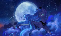 Size: 1280x768 | Tagged: artist:cassiel, bedroom eyes, cloud, cloudy, derpibooru import, looking at you, moon, night, night sky, princess luna, prone, safe, shooting star, shooting stars, sky, smiling, solo, stars