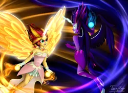 Size: 1024x745 | Tagged: safe, artist:teammagix, derpibooru import, sci-twi, sunset shimmer, twilight sparkle, equestria girls, friendship games, artificial wings, augmented, clothes, dark magic, daydream shimmer, dress, duo, face to face, fight, glowing eyes, high heels, horn, magic, magic wings, midnight sparkle, necklace, open mouth, orbs, signature, skirt, wings