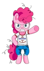 Size: 800x1280 | Tagged: safe, artist:sparklesthestarfox, derpibooru import, pinkie pie, pony, bipedal, clothes, crossover, filly, gritted teeth, hand on hip, looking at you, monkey d luffy, one piece, shirt, simple background, solo, transparent background, underhoof