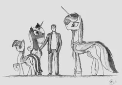 Size: 6590x4579 | Tagged: safe, artist:radiatingcalm, derpibooru import, princess celestia, princess luna, twilight sparkle, twilight sparkle (alicorn), alicorn, human, pony, absurd resolution, clothes, female, gray background, grayscale, hoodie, human male, male, mare, monochrome, pencil drawing, raised hoof, simple background, size comparison, traditional art