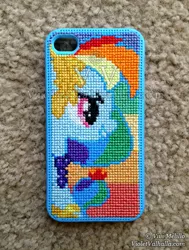 Size: 420x556 | Tagged: safe, artist:violetvalhalla, derpibooru import, rainbow dash, pegasus, pony, the best night ever, clothes, craft, cross stitch, custom, dress, gala dress, iphone, iphone case, irl, photo, solo