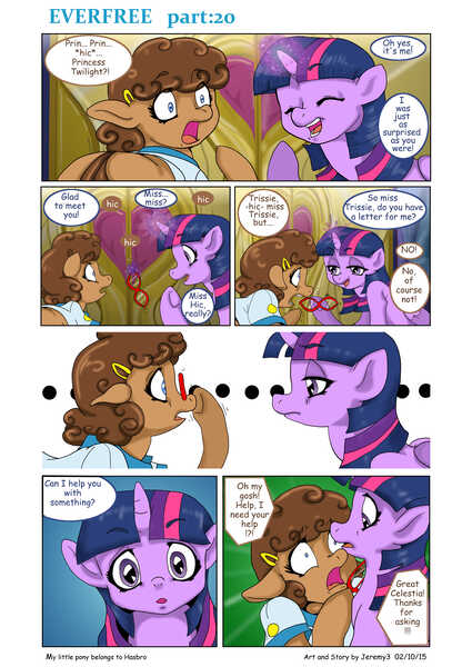 Size: 6611x9344 | Tagged: safe, artist:jeremy3, derpibooru import, twilight sparkle, twilight sparkle (alicorn), oc, oc:trissie, alicorn, pony, comic:everfree, absurd resolution, awkward silence, comic, dialogue, door, duo, female, glasses, hiccups, looking at each other, mare, twilight's castle