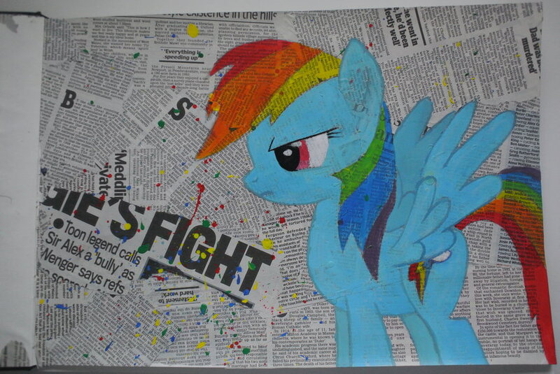 Size: 900x602 | Tagged: artist:mcdashin, collage, derpibooru import, newspaper, rainbow dash, safe, solo, traditional art