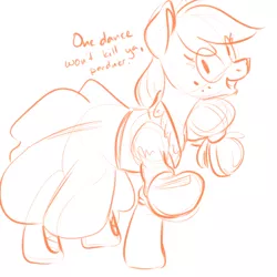 Size: 700x700 | Tagged: applejack, artist:goat train, clothes, derpibooru import, dialogue, dress, monochrome, safe, sketch, smiling, solo