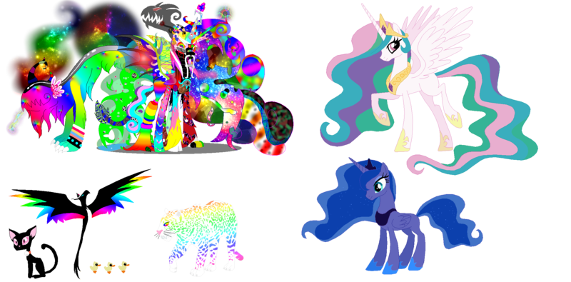 Size: 2200x1085 | Tagged: safe, artist:selenaede, artist:story-story, artist:twiily-bases, derpibooru import, princess celestia, princess luna, oc, oc:pink death, oc:raindoom, alicorn, big cat, cat, duck, leopard, phoenix, pony, alicorn oc, duckling, ethereal mane, female, joke oc, mare, simple background, starry mane, transparent background