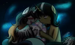 Size: 2000x1200 | Tagged: safe, artist:scarlett-letter, derpibooru import, princess celestia, oc, oc:satiric write, oc:scarlett letter, alicorn, pony, unicorn, alicorn oc, blushing, body pillow, celestia's pillow, female, green eyes, happy, kill me, male, night, oc x oc, pillow, princess, shipping, stars, straight