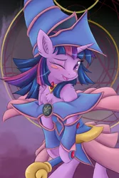 Size: 3750x5625 | Tagged: safe, artist:ardail, derpibooru import, twilight sparkle, pony, unicorn, absurd resolution, blush sticker, blushing, chest fluff, clothes, cosplay, costume, cute, dark magician girl, ear fluff, female, high res, mare, one eye closed, open mouth, phone wallpaper, solo, twiabetes, wink, yu-gi-oh!