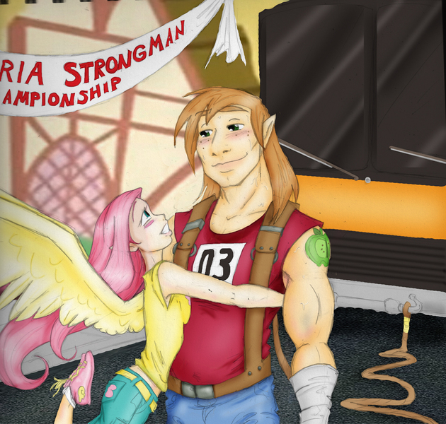 Size: 1221x1163 | Tagged: safe, artist:sparklinburgndy, derpibooru import, big macintosh, fluttershy, human, contest, female, fluttermac, hug, humanized, light skin, male, shipping, straight, suspenders