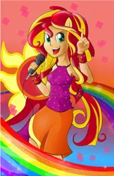 Size: 2140x3308 | Tagged: safe, artist:burnt-sprinkles, derpibooru import, sunset shimmer, equestria girls, rainbow rocks, armpits, bracelet, clothes, eared humanization, looking at you, microphone, nail polish, open mouth, ponied up, singing, smiling, solo, tanktop, wristband