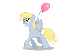 Size: 640x480 | Tagged: safe, artist:burnt-sprinkles, derpibooru import, derpy hooves, pegasus, pony, balloon, cute, female, mare, mouth hold, simple background, smiling, solo, spread wings, transparent background, walking