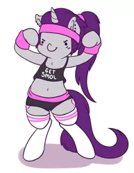 Size: 1280x1660 | Tagged: safe, artist:wickedsilly, derpibooru import, oc, oc:wicked silly, unofficial characters only, pony, unicorn, belly button, bipedal, clothes, ear piercing, midriff, piercing, shorts, solo, tanktop, workout outfit