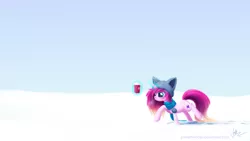 Size: 2560x1440 | Tagged: safe, artist:joellethenose, derpibooru import, oc, oc:cerise, unofficial characters only, pony, unicorn, angry, clothes, coffee, cold, female, frown, glowing horn, hat, magic, mare, scarf, signature, sky, snow, solo, telekinesis, walking, winter