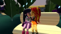 Size: 1360x768 | Tagged: safe, artist:mk513, derpibooru import, sunset shimmer, twilight sparkle, twilight sparkle (alicorn), equestria girls, 3d, bench, building, clothes, female, gmod, jacket, kissing, leather jacket, lesbian, shipping, sitting, skirt, sunsetsparkle