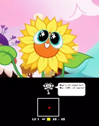 Size: 748x956 | Tagged: safe, derpibooru import, do princesses dream of magic sheep, flower, flowey, grin, looking at you, nightmare sunflower, pure unfiltered evil, smiling, starry eyes, sunflower, undertale, wingding eyes