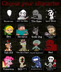 Size: 1024x1200 | Tagged: and then a skeleton popped out, artist:shadoboy, barelybreathing.exe, barely pony related, ben, candle cove, creepypasta, crossover, derpibooru import, dog, fanfic:cupcakes, godzilla (series), grimdark, herobrine, jeff the killer, knife, lost silver, meme, minecraft, nes godzilla creepypasta, nes godzilla: shadow of red, nintendo entertainment system, pinkamena diane pie, pinkie pie, pokémon, red, scp-173, scp foundation, skeleton, slenderman, smile dog, sonic the hedgehog (series), spongebob squarepants, squidward's suicide, squidward tentacles, suicide squidward, tails doll, the legend of zelda, the legend of zelda: majora's mask, the rake, the seeker of holders, the skin-taker, who was phone