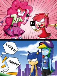 Size: 1146x1535 | Tagged: safe, artist:the-butch-x, derpibooru import, pinkie pie, rainbow dash, equestria girls, amy rose, angry, argument, belly button, censored, censored vulgarity, clothes, crossover, dress, grawlixes, middle finger, midriff, rainbow dash is not impressed, skirt, sonic the hedgehog, sonic the hedgehog (series), tanktop, unamused