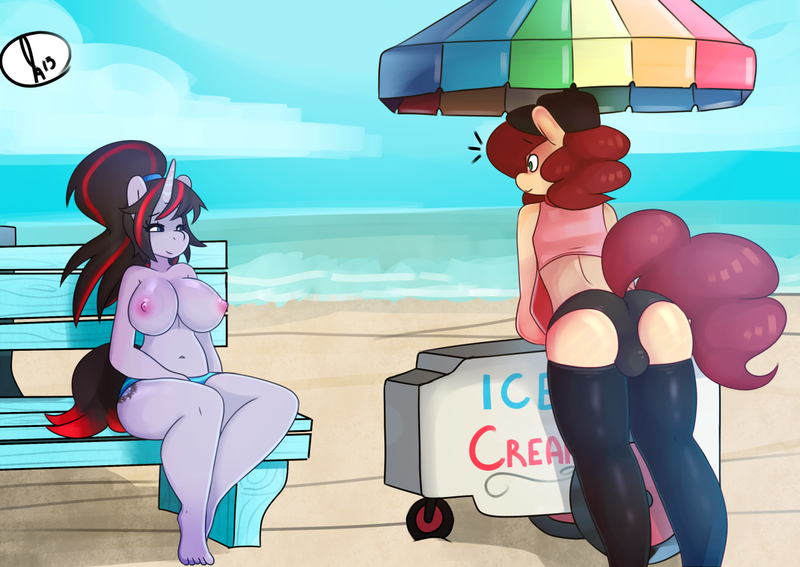 Size: 1280x907 | Tagged: questionable, artist:somescrub, derpibooru import, oc, oc:joshy, oc:quantum shift, unofficial characters only, anthro, earth pony, unicorn, beach, bench, big breasts, breasts, clothes, crotch bulge, female, femboy, ice cream, looking at each other, male, midriff, nipples, nudity, partial nudity, ponytail, rule 63, sitting, smiling, stockings, thigh highs, topless