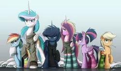 Size: 3000x1749 | Tagged: safe, artist:ncmares, derpibooru import, applejack, princess cadance, princess celestia, princess luna, rainbow dash, twilight sparkle, twilight sparkle (alicorn), alicorn, pony, ask majesty incarnate, alicorn tetrarchy, alternate hairstyle, angry, bed mane, bedroom eyes, blowing bubbles, bubble, bubblegum, clothes, female, food, hair over one eye, hoodie, looking at you, mare, mouth hold, nose wrinkle, pillow, rainbow socks, raised hoof, socks, striped socks, sweater, wrong neighborhood