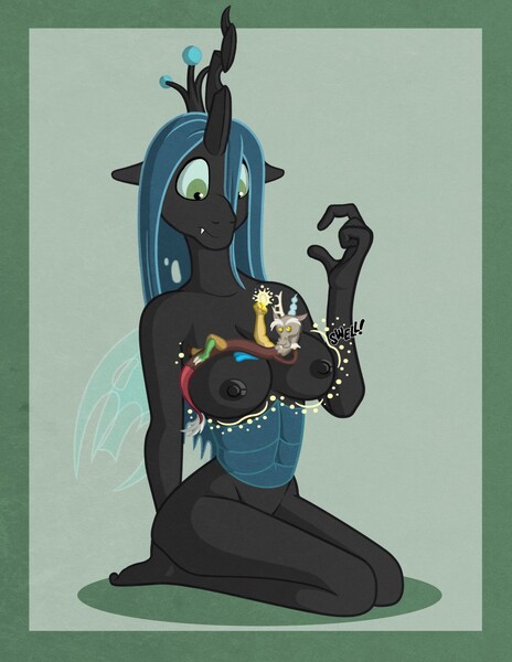 Size: 989x1280 | Tagged: questionable, artist:matthew-the-mouse, derpibooru import, discord, queen chrysalis, anthro, plantigrade anthro, breast expansion, breasts, busty queen chrysalis, female, growth, macro, micro, nipples, nudity