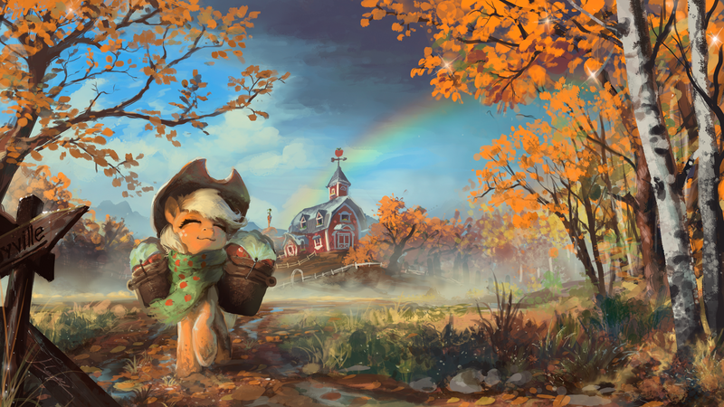 Size: 1920x1080 | Tagged: safe, artist:huussii, derpibooru import, applejack, earth pony, pony, 16:9, apple, autumn, basket, clothes, cloud, cottagecore, cute, dark clouds, dirty hooves, eyes closed, female, fence, food, hat, image, jackabetes, mare, mud, png, puzzle worthy, rainbow, raised hoof, scarf, scenery, scenery porn, sign, solo, sweet apple acres, sweet dreams fuel, tree, upscaled, wallpaper