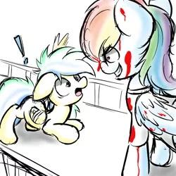 Size: 1000x1000 | Tagged: grimdark, artist:lightningnickel, derpibooru import, rainbow dash, oc, oc:aurora, oc:aurora dawn, pegasus, pony, fanfic, fanfic:rainbow factory, bandage, blood, broken wing