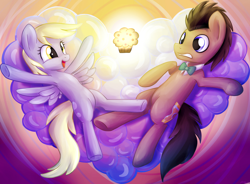 Size: 3668x2699 | Tagged: safe, artist:artoftheghostie, derpibooru import, derpy hooves, doctor whooves, time turner, pony, cloud, glow, happy, heart, male, muffin, redraw, shocked, stallion