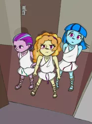 Size: 1649x2221 | Tagged: safe, artist:daniel-gleebits, derpibooru import, adagio dazzle, aria blaze, sonata dusk, equestria girls, blushing, cute, feet, greek, looking at you, sandals, small, the dazzlings