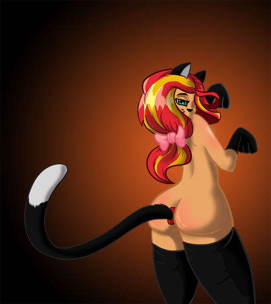 Size: 802x900 | Tagged: questionable, artist:sirvictorpenint, derpibooru import, sunset shimmer, cat, equestria girls, anal insertion, anal tail plug, blot, buttplug, cat ears, cat paws, cat tail, clothes, costume, female, halloween, insertion, looking back, nyanset shimmer, plot, sex toy, slutset shimmer, slutty sunset shimmer, solo, solo female, stockings