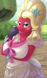 Size: 720x1200 | Tagged: anthro, artist:xanthor, bedroom eyes, big breasts, big macintosh, breasts, brotherhooves social, busty macareina, cleavage, clothes, derpibooru import, dress, eyeshadow, female, gloves, lipstick, macareina, makeup, orchard blossom, orchard bosom, rule 63, smiling, solo, solo female, suggestive, that was fast