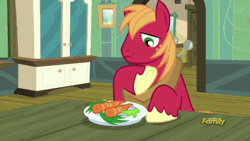Size: 500x281 | Tagged: safe, derpibooru import, screencap, big macintosh, pony, walrus, brotherhooves social, animated, carrot, discovery family, discovery family logo, eyebrow wiggle, lettuce, plate, silly, silly pony, solo, vegetables