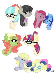 Size: 768x1024 | Tagged: safe, artist:php76, derpibooru import, bon bon, coco pommel, derpy hooves, minuette, moondancer, octavia melody, pinkie pie, sweetie drops, tree hugger, pegasus, pony, alternate hairstyle, chest fluff, coctavia, crack shipping, derpybon, female, hug, kissing, lesbian, mare, minupie, nuzzling, pinkamena diane pie, shipping, simple background, transparent background, treedancer, winghug