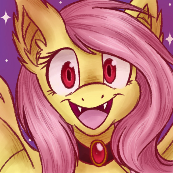 Size: 1280x1280 | Tagged: safe, artist:abbystarling, deleted from derpibooru, derpibooru import, fluttershy, bat pony, pony, choker, close-up, cute, fangs, flutterbat, looking at you, necklace, open mouth, portrait, shyabates, shyabetes, smiling, solo, weapons-grade cute