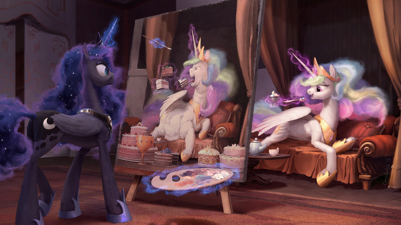 Size: 1920x1080 | Tagged: safe, artist:cannibalus, derpibooru import, princess celestia, princess luna, alicorn, pony, :t, artception, best sisters, cake, cakelestia, caricature, chubbylestia, close enough, cute, draw me like one of your french girls, drawing, duo, duo female, eating, ethereal mane, ethereal tail, fat, female, food, funny, funny as hell, goblet, ice cream, levitation, lidded eyes, magic, nailed it, obese, open mouth, painting, prank, prone, royal sisters, sibling rivalry, smiling, smirk, tabun art-battle, tabun art-battle cover, tea, teacup, teapot, technical advanced, telekinesis, this will end in pain, this will end in tears and/or a journey to the moon, this will not end well, tongue out, trolluna, wallpaper