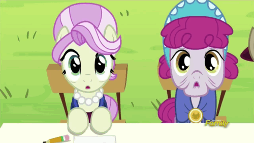 Size: 500x281 | Tagged: safe, derpibooru import, screencap, rosetta, showtime, unnamed character, unnamed pony, earth pony, pony, brotherhooves social, :o, animated, chair, clothes, cute, discovery family, discovery family logo, female, grin, hat, head tilt, jewelry, looking at you, looking up, male, mare, necklace, old, open mouth, pearl necklace, pencil, sitting, smiling, stallion, table