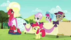Size: 500x281 | Tagged: safe, derpibooru import, screencap, apple bloom, big macintosh, rosetta, showtime, earth pony, pony, brotherhooves social, animated, bloomers, crossdressing, destruction, discovery family, discovery family logo, male, orchard blossom, stallion, table
