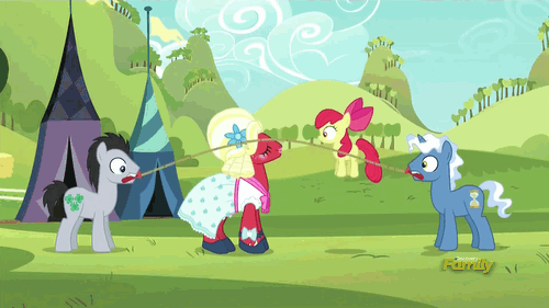 Size: 500x281 | Tagged: safe, derpibooru import, screencap, apple bloom, big macintosh, lucky clover, perry pierce, earth pony, pony, brotherhooves social, animated, crossdressing, discovery family, discovery family logo, jump rope, male, mouth hold, orchard blossom, rope, stallion, third doctor